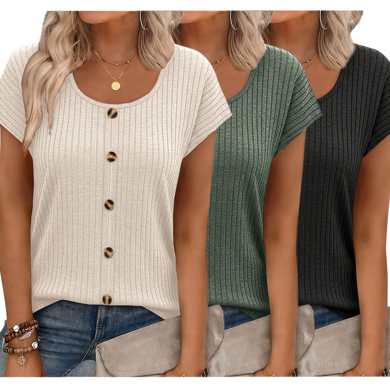 TEMU 3-częściowy Zestaw Damskich Wygodnych, Luźnych Koszulek Bazy Okrągły Dekolt, Zapinane na Guziki, Codzienne Bluzki z Krótkim Rękawem w