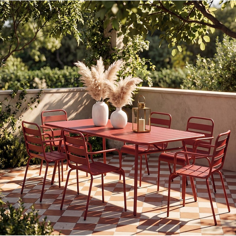 Zestaw mebli ogrodowych z metalu - stół dł. 160 cm i 6 sztaplowanych foteli - Czerwony - MIRMANDE od MYLIA
