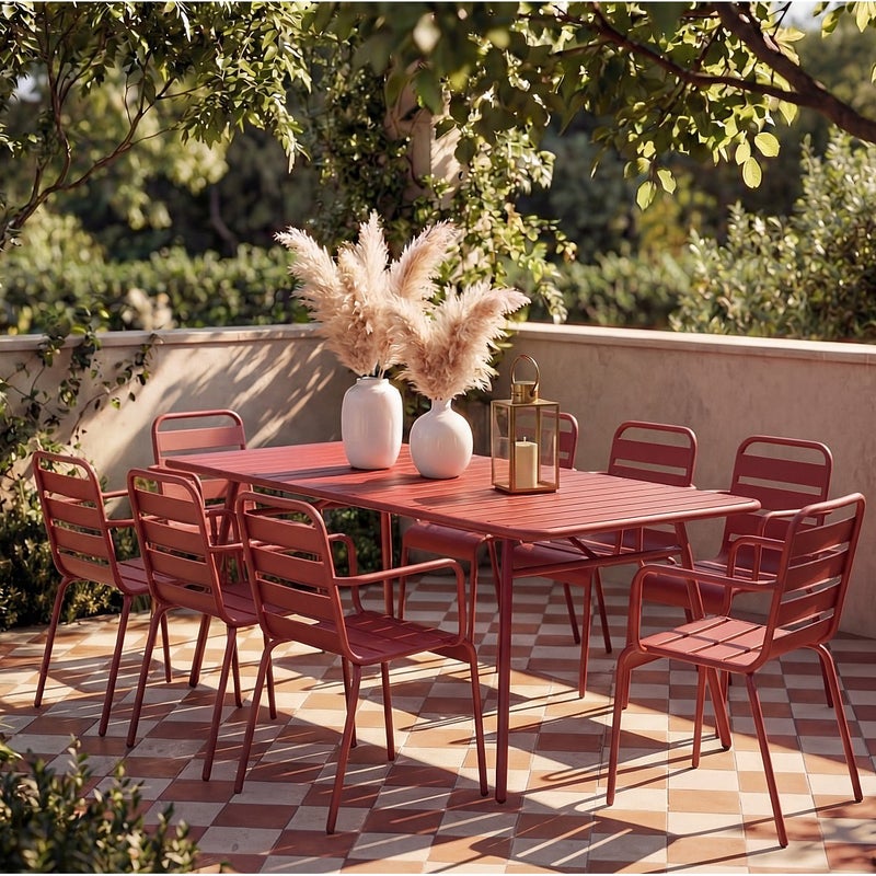 Zestaw mebli ogrodowych z metalu - stół dł. 160 cm i 8 sztaplowanych foteli - Czerwony - MIRMANDE od MYLIA