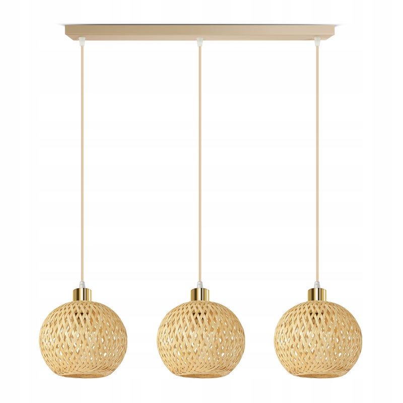 Lampa Wisząca Bambusowa Beżowa Boho 3xE27 Regulowana Wysokość Salon Nad Stół
