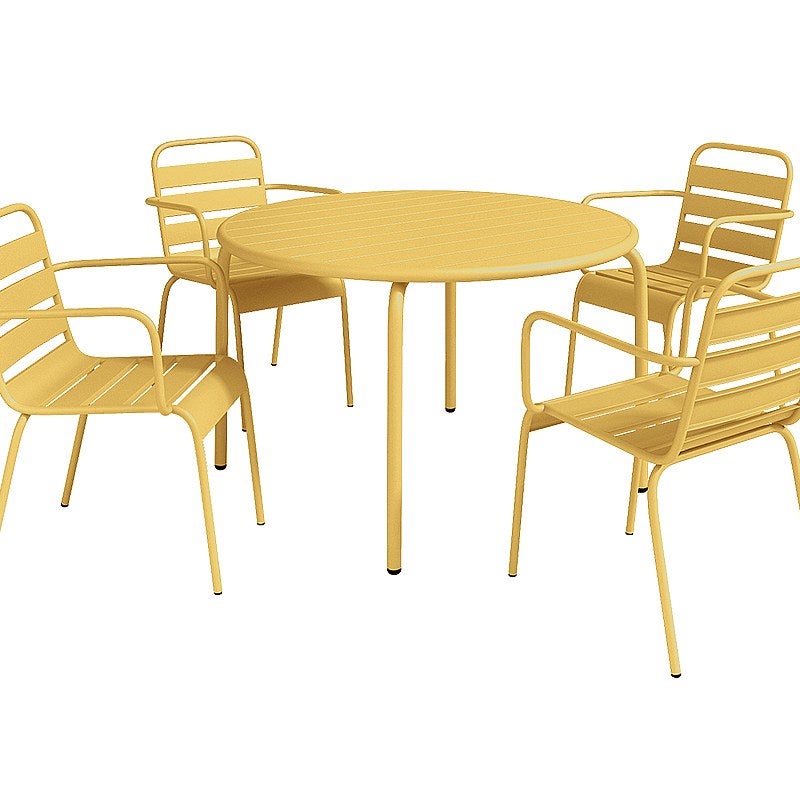 Zestaw mebli jadalnianych ogrodowych z metalu - stół o śr. 110 cm i 4 sztaplowane fotele - Żółty musztardowy - MIRMANDE marki MYLIA