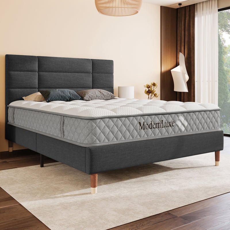 Łóżko Double 140x200 cm z podsprężyną i materacem - Poduszka głowienna wypełniona lnem - 7 stref ortopedycznych - Przechowywanie pod łóżkiem 17 cm