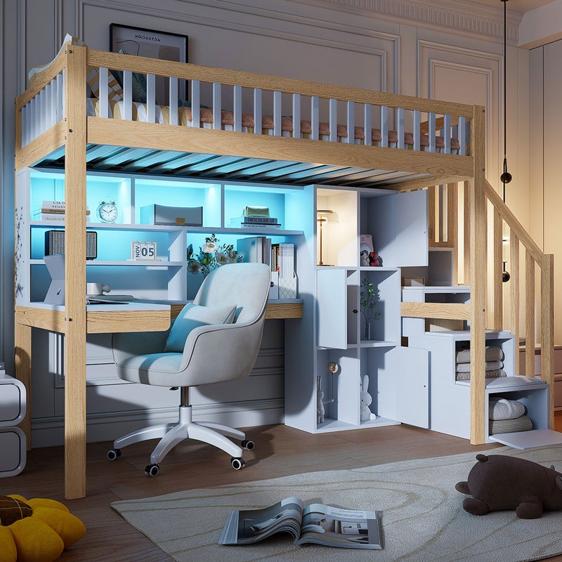 Łóżko Ekskluzywne 90x200cm - LED, schody, regały, belki, biurko - sosna + MDF - biały + naturalny - bez materaca