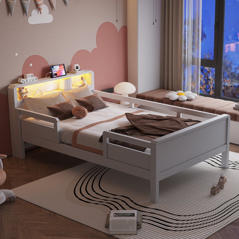 Łóżko Dla Dziecka 90x200 cm - Głowa Łóżka z Szafkami, Gniazdo USB-Tape-C, Lampa LED - Srebrzysty Dąb Czysty - Białe - Podkładka 15 Pasek