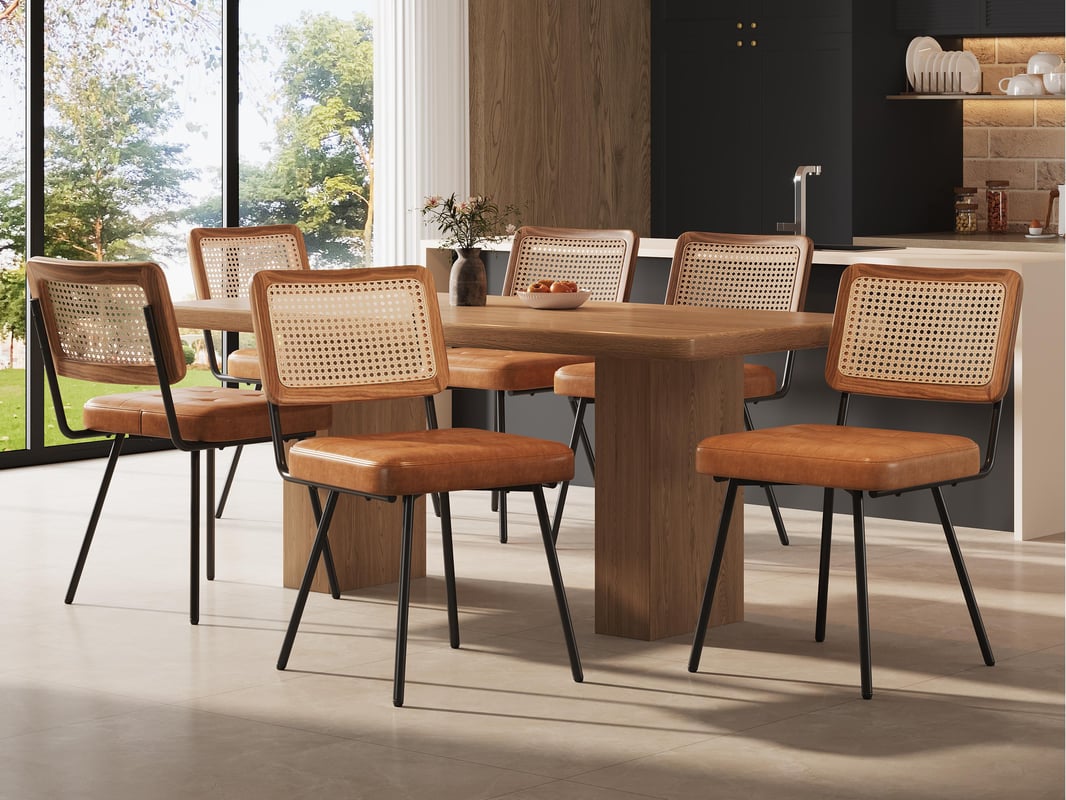 Zestaw 6 tapicerowanych krzeseł do jadalni - Skóra ekologiczna - Rattan - Metalowa rama - Styl retro - Brązowy