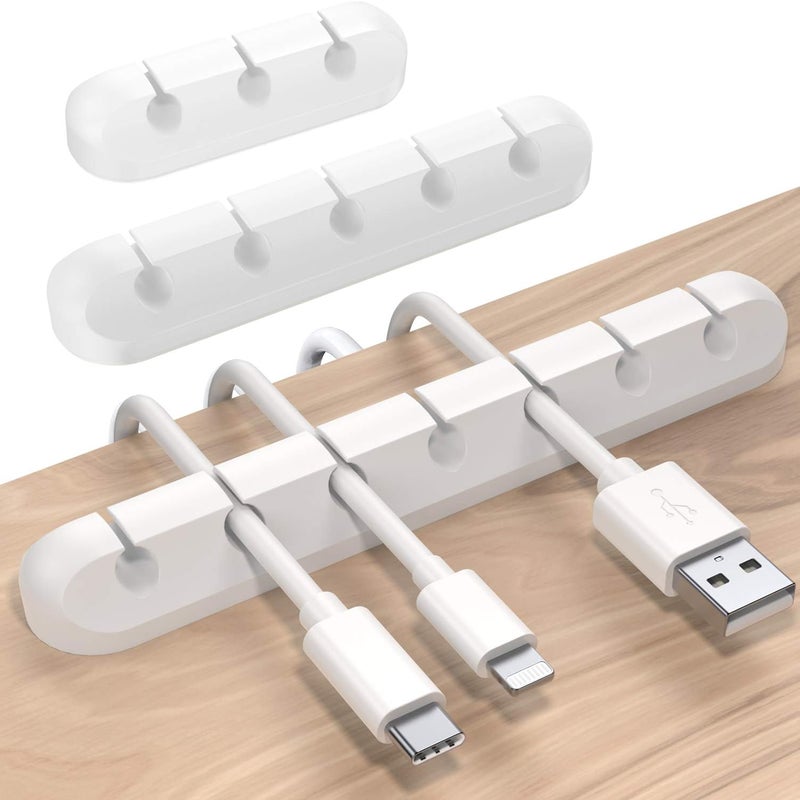 Uchwyty kablowe na biurko, zestaw 3 szt., organizer kabli, odpowiednie do ładowarek USB, myszy, słuchawek, kabli komputerowych, białe.