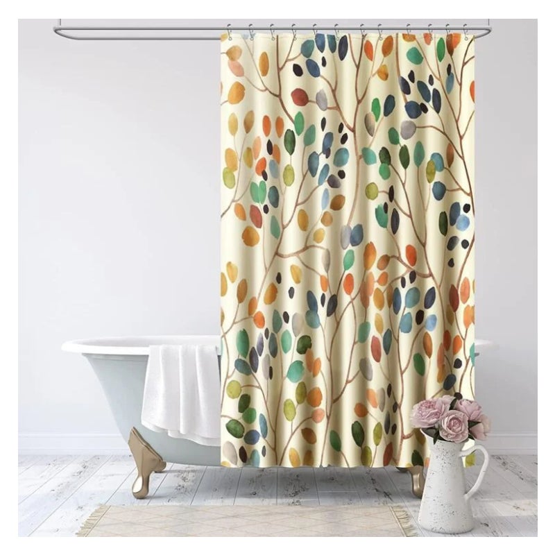 Zasłona prysznicowa 180x180, odporna na pleśń, be��owa, z kolorowym motywem roślinnym, perforowana, z 12 haczykami