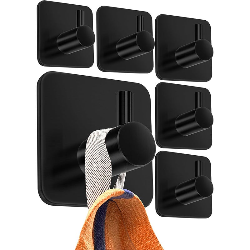 Zestaw 6 samoprzylepnych haczyków ściennych na ręczniki łazienkowe, kuchenne, samoprzylepny wieszak ze stali nierdzewnej w kolorze czarnym