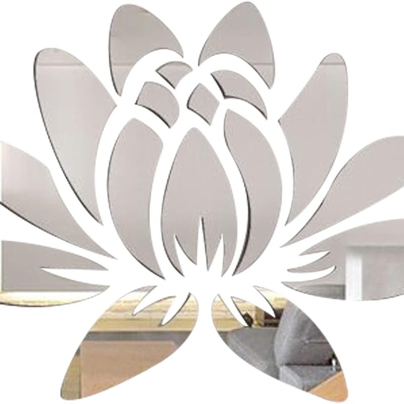 Akrylowa naklejka ścienna 3D z efektem lustra, motyw kwiatu lotosu, do dekoracji sypialni, salonu lub łazienki, 35 x 25 cm, srebrna