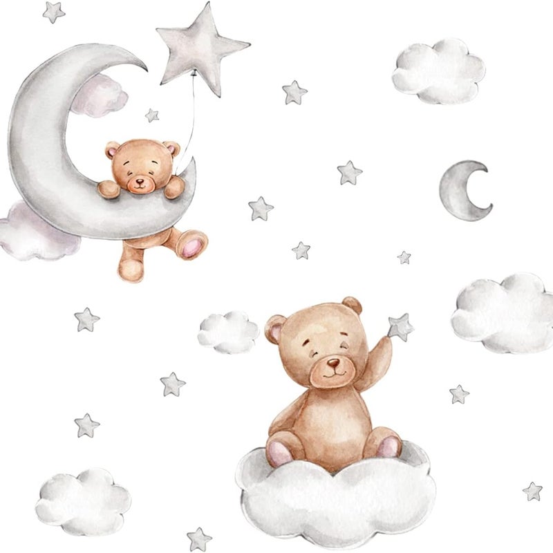 Naklejka ścienna miś, usuwalna naklejka ścienna dla dzieci, księżycowa chmurka, słodkie gwiazdki misia