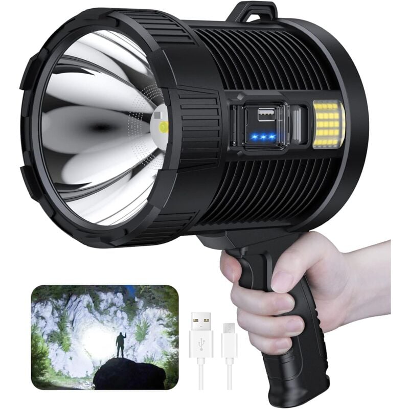 Przenośna latarka 100 000 lumenów, duża, superjasna lampa solarna zewnętrzna z oświetleniem COB, 6 trybów, wodoodporność IPX5 (czarna)