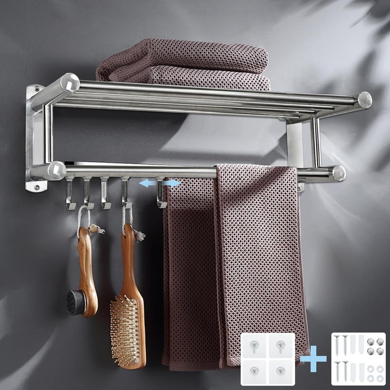 Wieszak na ręczniki ścienny do łazienki, 5 odłączanych haczyków, stal nierdzewna SUS 304, podwójny drążek na ręczniki (50 cm)