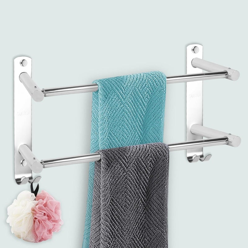 Wieszak na ręczniki ścienny 38-70 cm, podwójny samoprzylepny wieszak na ręczniki, samoprzylepny wieszak na ręczniki kąpielowe z 2 haczykami