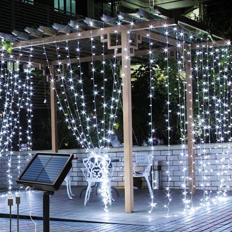 Zewnętrzne lampki solarne, 3 x 3 m, 300 diod LED, 8 trybów oświetlenia, wodoodporne, idealne na Boże Narodzenie i imprezy (zimne białe światło).
