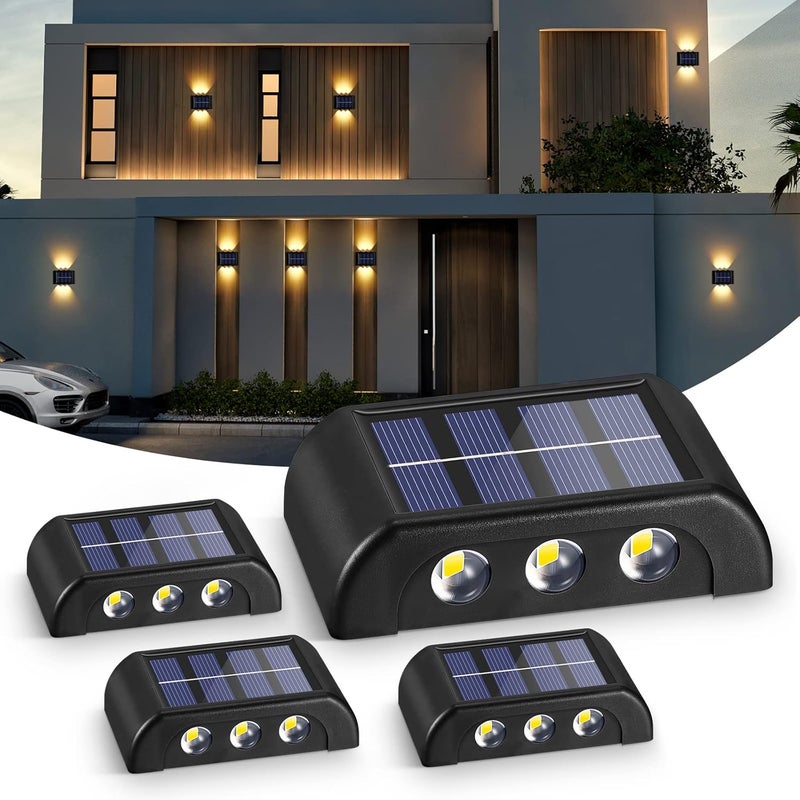 Zestaw 4 zewnętrznych solarnych lamp ściennych, 6 LED, wodoodpornych, do ogrodzenia, oświetlenie ogrodowe (biały ciepły)