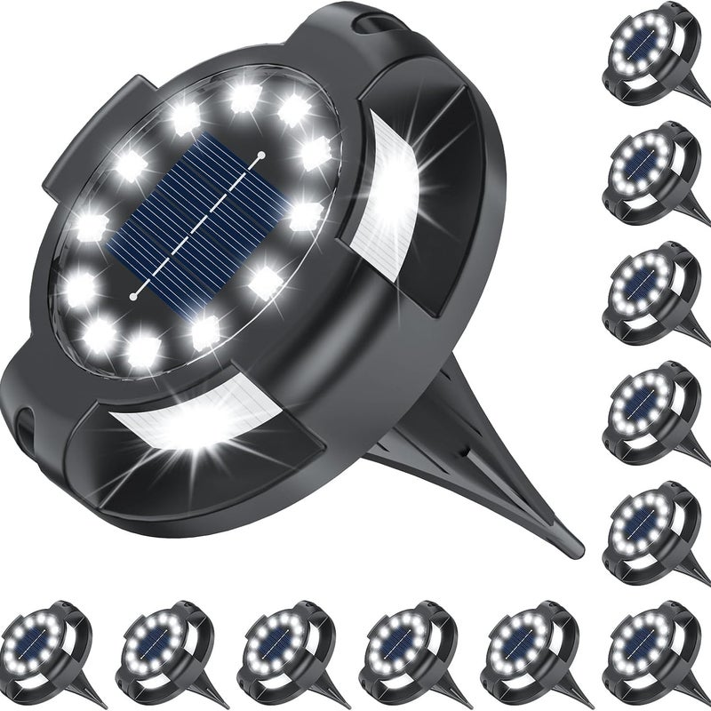 Zestaw 12 lamp solarnych zewnętrznych, 16 diod LED o jasnym białym świetle, solarne oświetlenie podłoża do alejek i chodników z oświetleniem bocznym