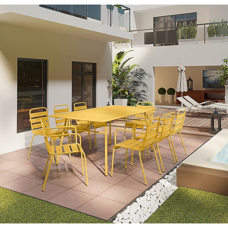 Metalowy zestaw jadalniany ogrodowy - stół dł. 200 cm i 8 krzeseł z podłokietnikami (sztaplowanych) - Musztardowy żółty - MIRMANDE od MYLIA