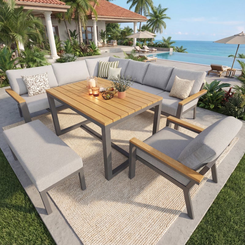 Zestaw mebli ogrodowych, meble z kompozytu drewno-plastikowego dla 6-8 osób - sofa narożna - ocynkowana blacha - 1 fotel - ławka, szary