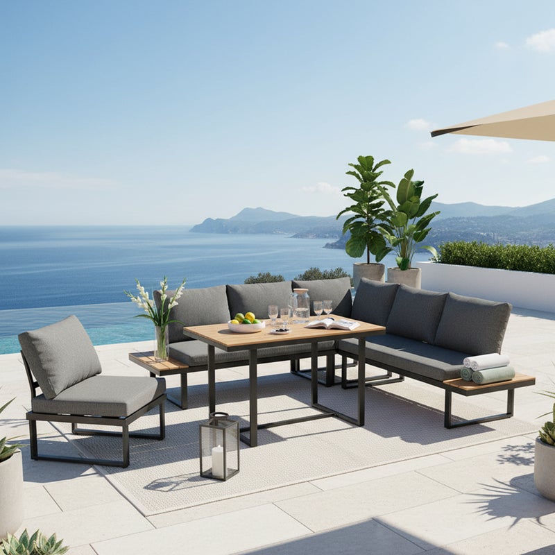 Zestaw wypoczynkowy ogrodowy z 6-osobowym rozkładanym siedziskiem ze stali ocynkowanej: 1 sofa narożna + prostokątny stolik kawowy - szary + czarny