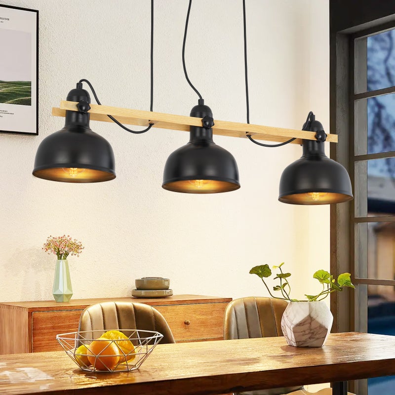 NETTLIFE Vintage lampa wisząca nad stół jadalny: 3 czarne żarówki retro industrialne E27 MAX.40W