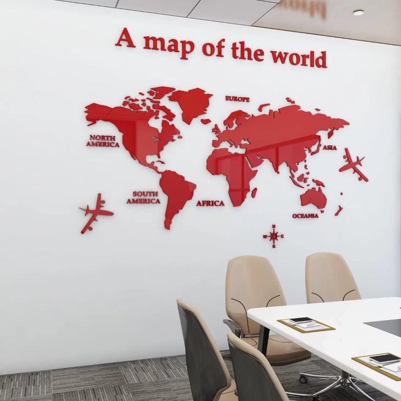 Mapa świata 3D, naklejka ścienna, dekoracja ścienna, naklejki dekoracyjne, naklejka, naklejka ścienna DIY akrylowa (czerwona, 180 * 100 cm)