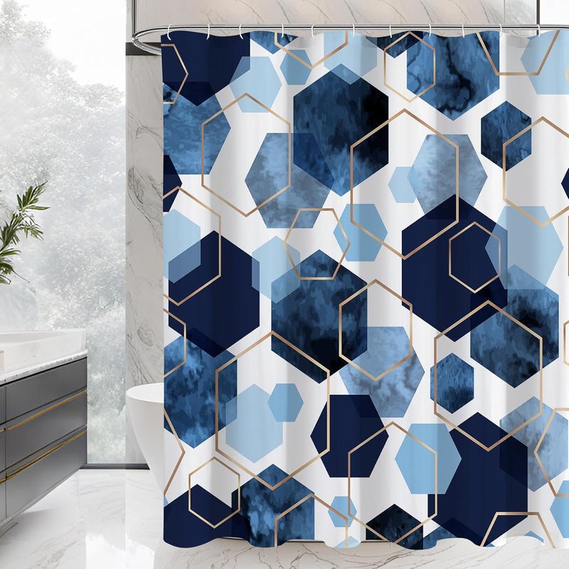 Niebieska zasłona prysznicowa geometryczny wzór 90x180 cm, wodoodporna, odporna na pleśń, oddziela strefę suchą i mokrą, nowoczesna dekoracja łazienki