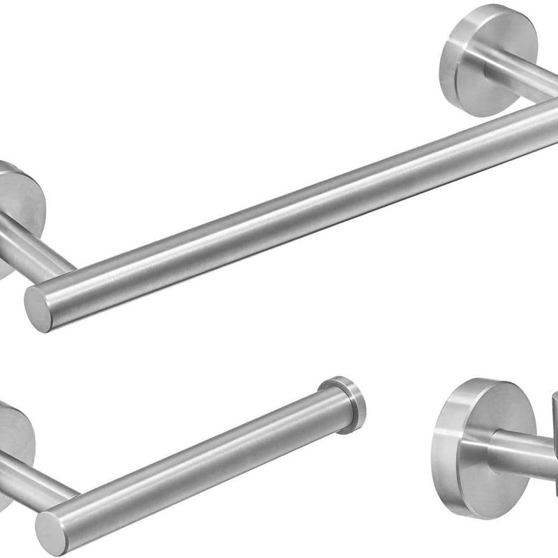 Zestaw akcesoriów łazienkowych, drążek prysznicowy + uchwyt na papier toaletowy + haczyk na ubrania, 3-częściowy zestaw, szczotkowane srebro