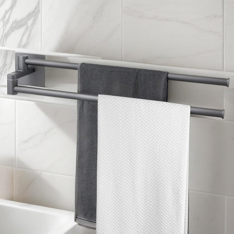 Podwójny wieszak na ręczniki, 34,3 cm, obrotowy o 180°, ze stali nierdzewnej, z podwójnym ramieniem, do montażu na ścianie, bez wiercenia, ciemnoszary