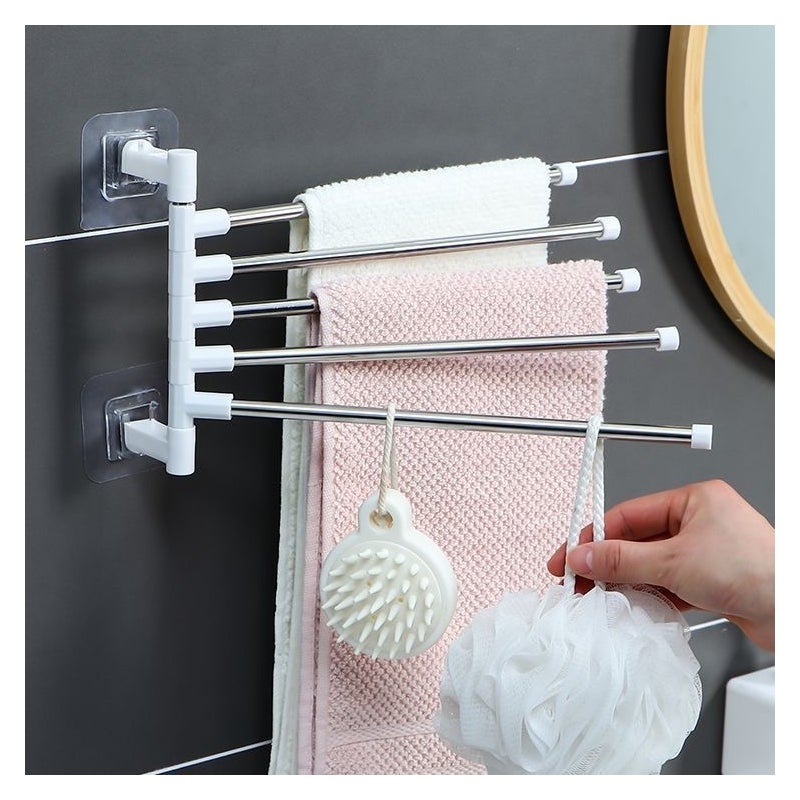 Obrotowy wieszak na ręczniki ze stali nierdzewnej, 5 szprych, uchwyt ścienny, nieperforowany, obrotowy 180°, do łazienki i kuchni