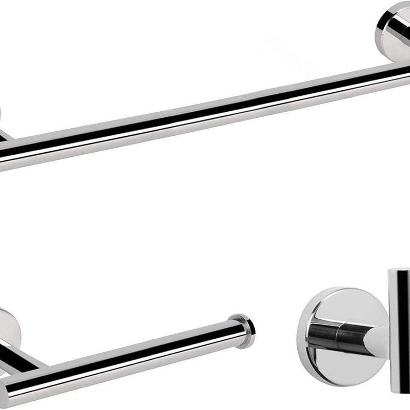 Zestaw akcesoriów łazienkowych, drążek prysznicowy + uchwyt na papier toaletowy + haczyk na ubrania, zestaw 3, błyszczące srebro