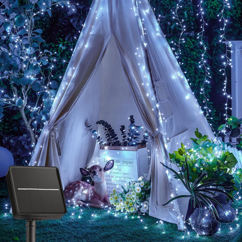 2 zewnętrzne lampy solarne sznurkowe 3 m 120 LED wodoodporne, przewód petarda, 8 trybów do dziedzińca, ogrodu (biały)
