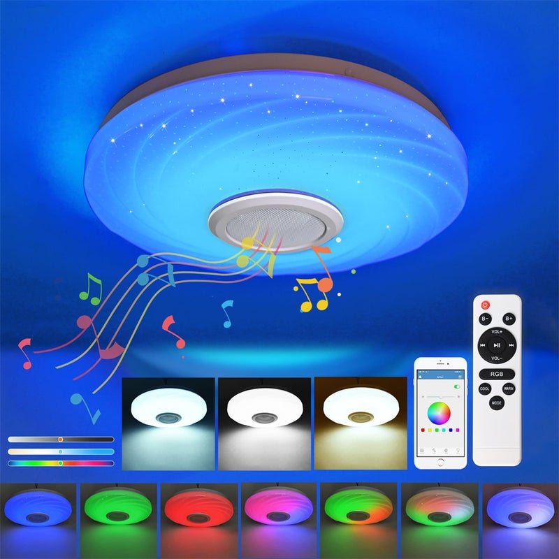 Kolorowa lampa sufitowa LED Bluetooth 36W RGB do sypialni, salonu, ściemnialna lampa sufitowa z głośnikiem i sterowaniem za pomocą aplikacji