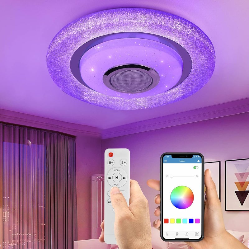 Ściemnialna lampa sufitowa LED z głośnikiem Bluetooth, 24 W, zmieniająca kolor lampa RGB, lampa sufitowa z pilotem i aplikacją do sypialni, 30 cm