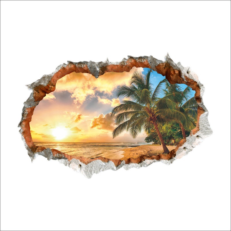 Naklejki ścienne 3D HOLIDAY ISLAND (60x90 cm) I Naklejka ścienna krajobraz plaża ocean palma I Dekoracja do salonu sypialnia kuchnia