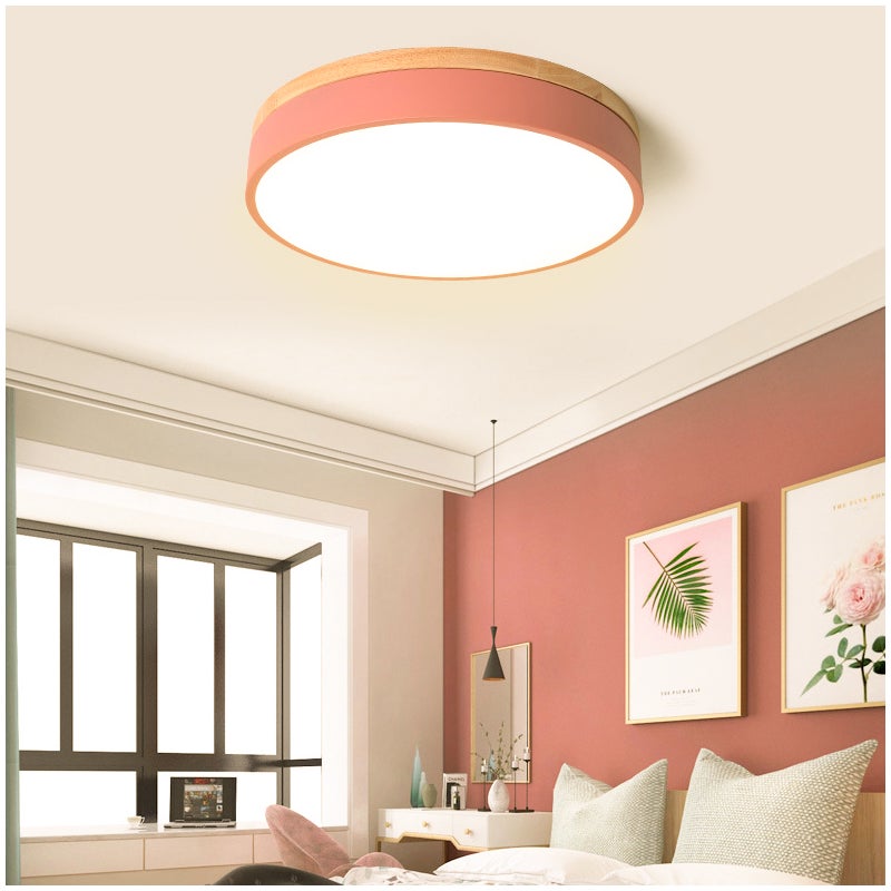 Lampa sufitowa LED okrągła nowoczesna drewniana lampa sufitowa W ciepłe światło K do salonu sypialni kuchni przedpokoju jadalni cm różowa
