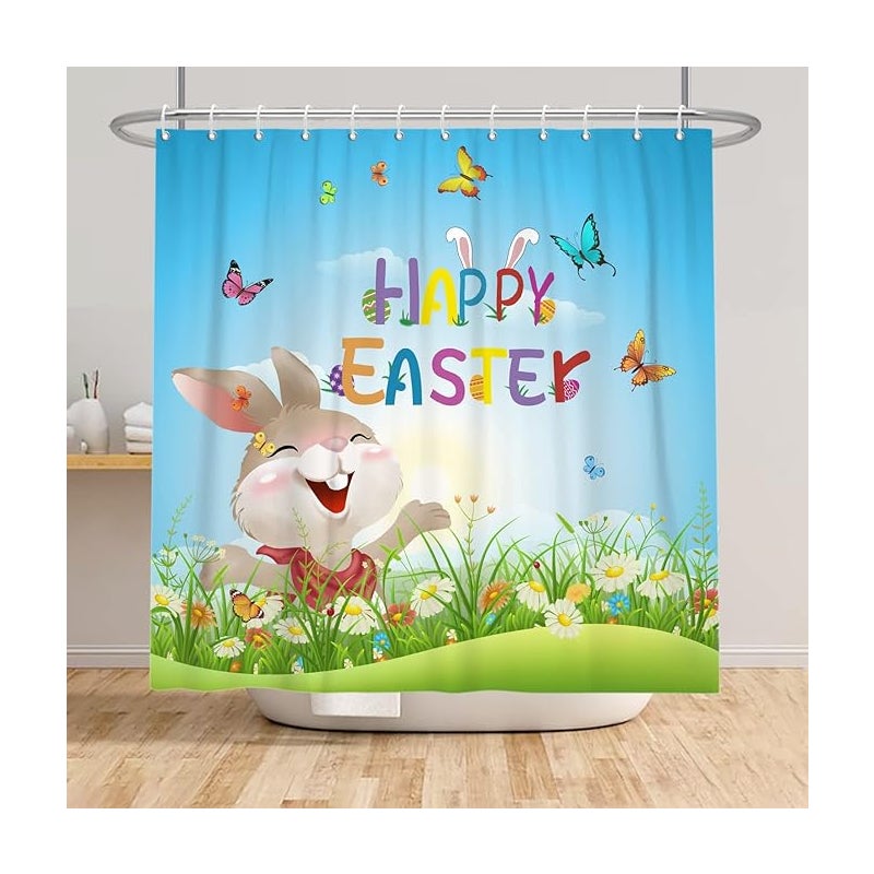 120x180cm Wesołych Świąt Wielkanocnych Zasłona prysznicowa Słodka kreskówka Zabawny królik Wiosna Słońce Błękitne niebo Stokrotka Kwiatowy Kolorowy mo