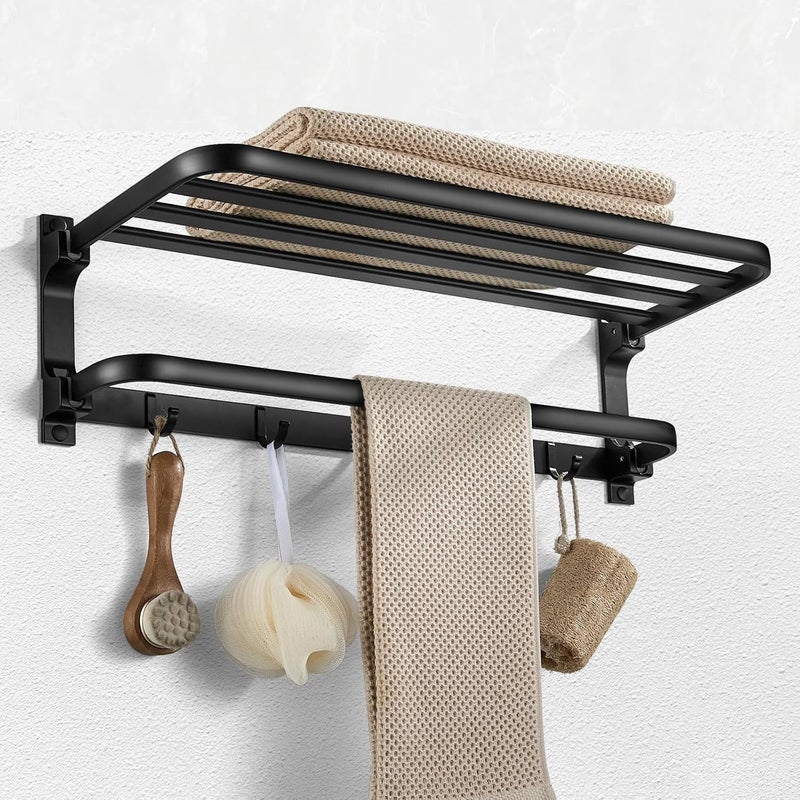 Czarny wieszak na ręczniki ze wspornikiem na drążek, wieszak na ręczniki z 5 haczykami, składany ścienny wieszak na ręczniki (58 cm)