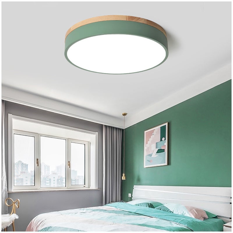 Plafoniera LED, Okrągła Nowoczesna Lampa Sufitowa Drewniana 24 W, Białe Światło 6000 K do Salonu, Sypialni, Kuchni, Korytarza, Jadalni, 30 cm, Zielona