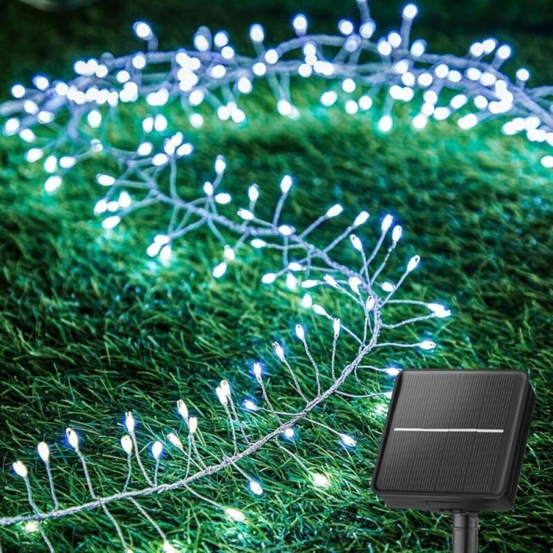 Lampki solarne, dekoracyjne lampki zewnętrzne w kształcie petard, długość 6 metrów, 200 diod LED (białe światło).