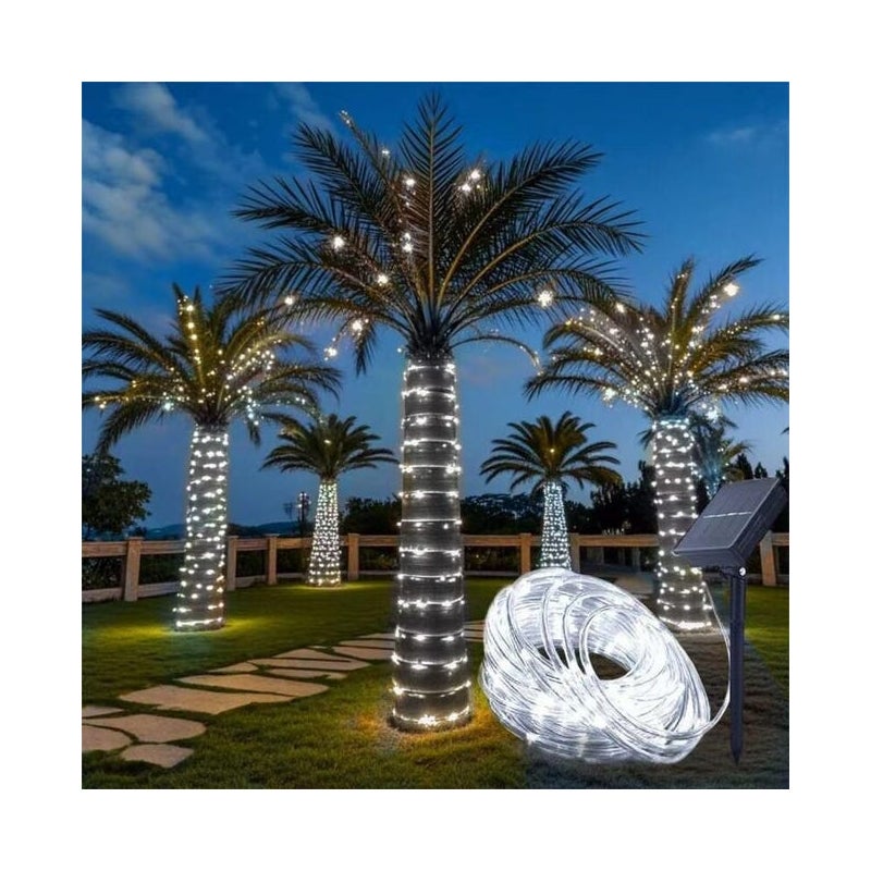 Zewnętrzne lampki solarne (światło białe), długość 12 metrów, 100 diod LED, wodoodporne, idealne do ogrodów i tarasów.