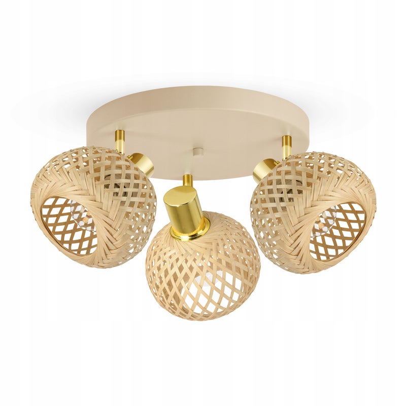 Lampa Sufitowa Żyrandol Bambusowa Beżowa Boho 3xE27 Regulowana Okrągła Salon