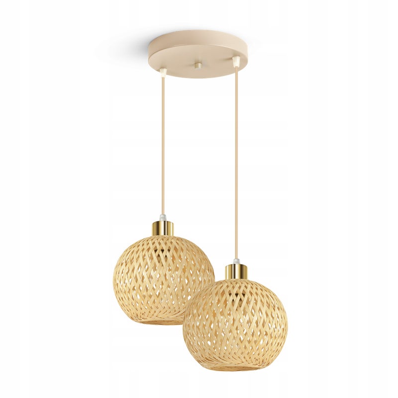 Lampa Wisząca Bambusowa Beżowa Boho 2xE27 Regulowana Wysokość Salon Sypialnia