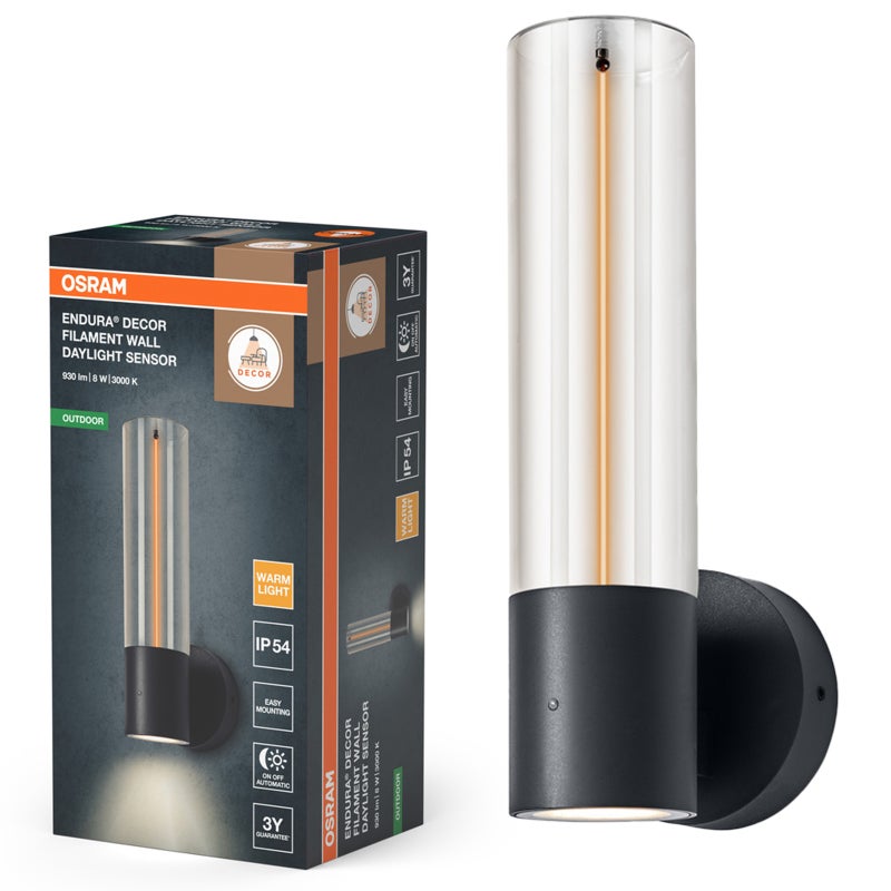 Kinkiet Ogrodowy Osram Lampa Elewacyjna Zewnętrzna LED z Czujnikiem Zmierzchu 8W 600lm 3000K Ciepła biel Szary IP54 1 szt.