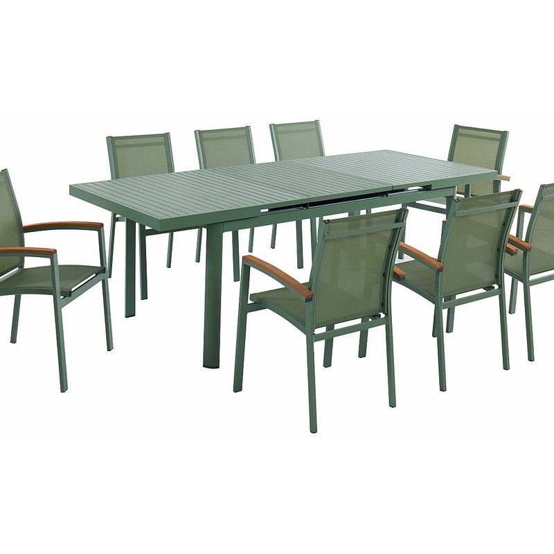 Jadalnia ogrodowa z aluminium: rozkładany stół 180/240cm i 8 sztaplowanych foteli z podłokietnikami akacji - Migdałowa zieleń - NAURU