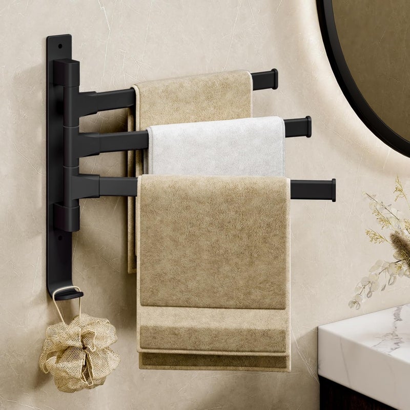 Obrotowy wieszak na ręczniki ścienny do łazienki, ze składanym drążkiem, nie wymaga wiercenia ani używania gwoździ, 3 ramiona po 32 cm, czarny