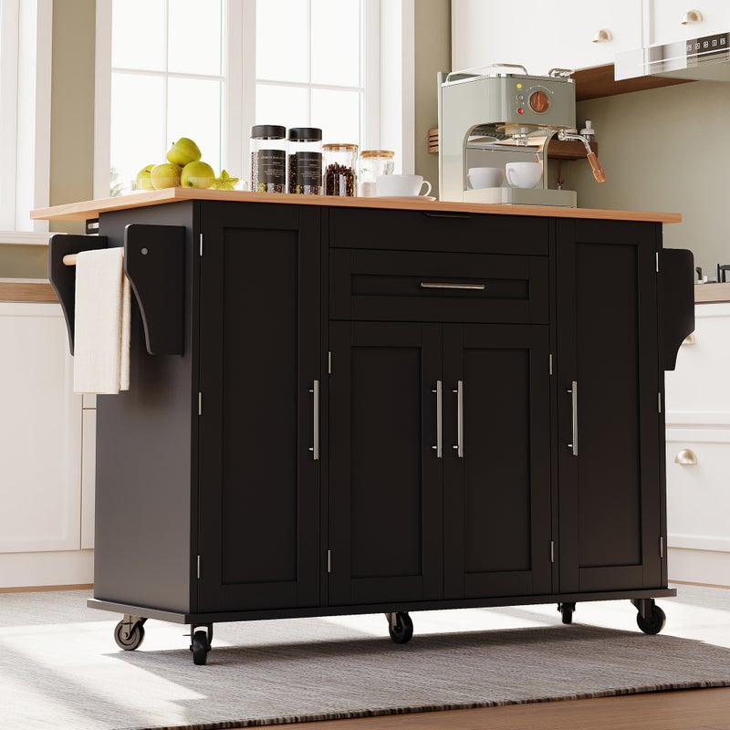 Mobilna wyspa kuchenna - rozkładany blat - z półką na przyprawy i ręczniki - z 2 szufladami i 4 drzwiami - MDF - czarna