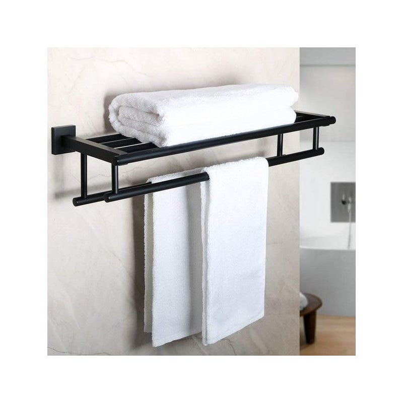 Półka łazienkowa na ręczniki z dwoma drążkami, montowana na ścianie, wykonana ze stali nierdzewnej SUS 304, matowa czerń - Matowa czerń -