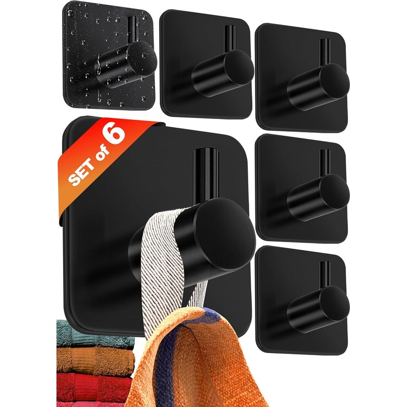 Haczyki samoprzylepne bez wiercenia – 6 haczyków samoprzylepnych ze stali nierdzewnej, haczyki ścienne na ręczniki łazienkowe – czarne