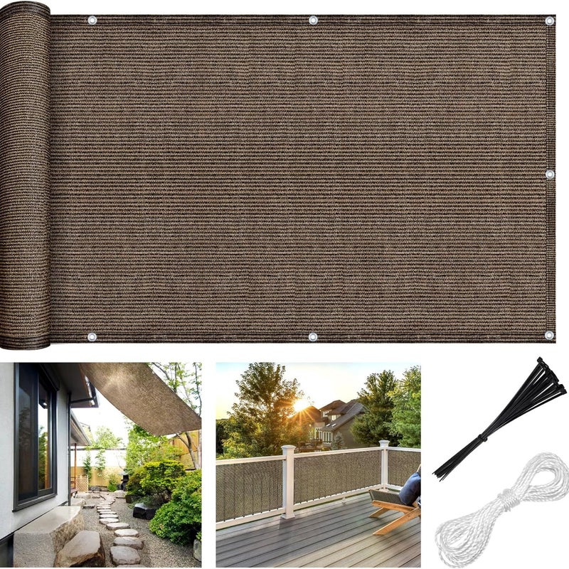 Osłona przeciwsłoneczna na balkon, siatka cieniująca obszyta i z oczkami, 0,9 x 3 m, brązowa
