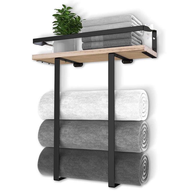 Luksusowy wieszak na ręczniki łazienkowe - Metalowy uchwyt ścienny z drewnianą półką do przechowywania dużych ręczników
